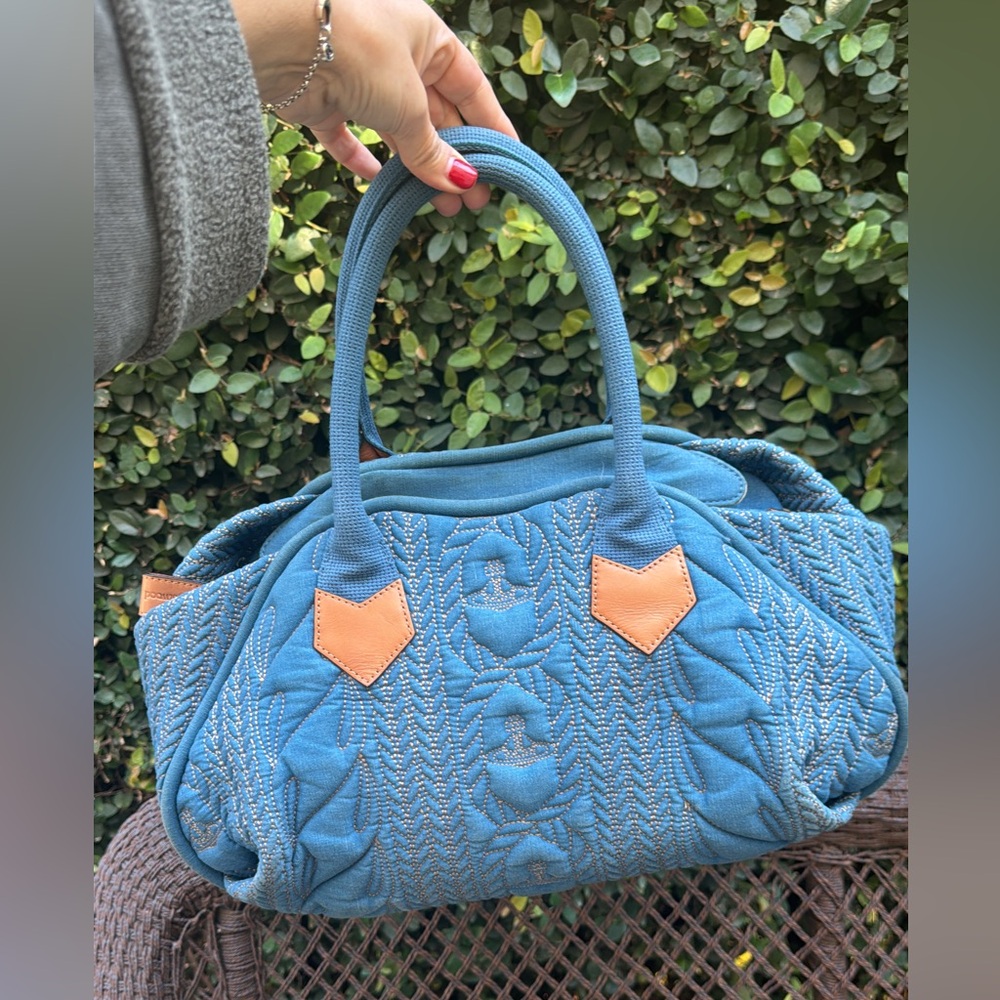 SOLD LIVE! Rare Vivienne Westwood Blue Quilted Satchel wTan Leather Accents